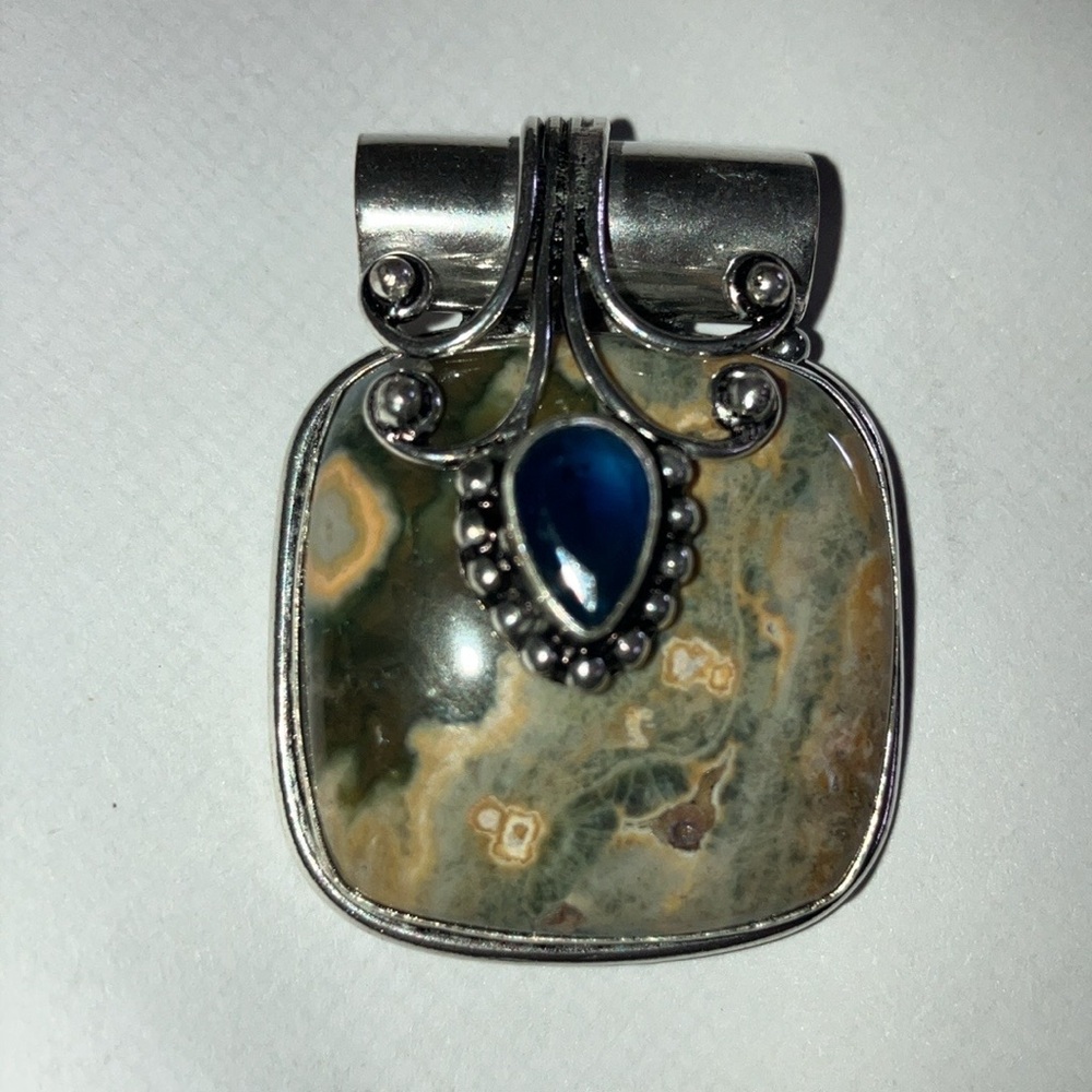Hand Crafted Ocean Jasper Blue Topaz 925 Silver Plated Gem Necklace Pendant 1.6" - Picture 5 of 8